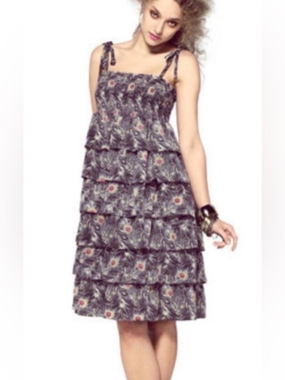 Liberty of London Target Sundress Womens Small Grey Peacock Tiered Ruffle EUC